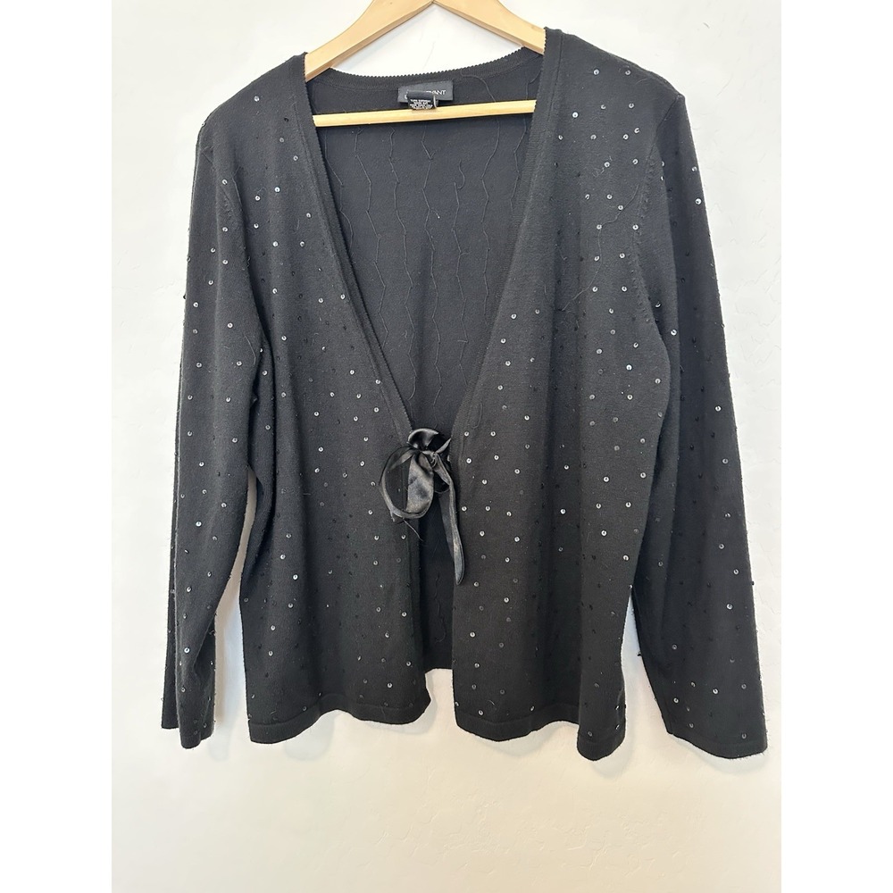 Lane Bryant Acrylic/nylon tie front, L/sleeve cardigan with sequins Black 18/20